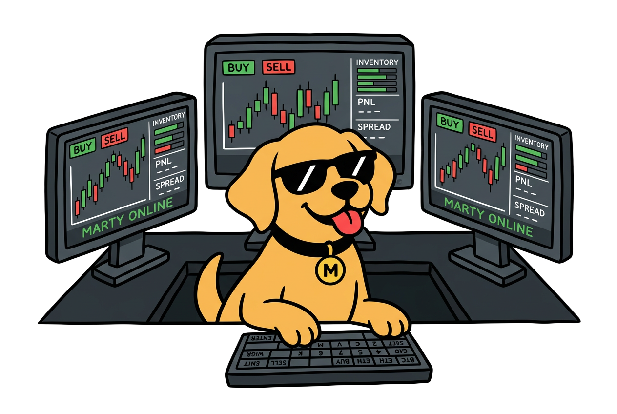 Marty the golden dog operating a crypto trading desk with three market monitors